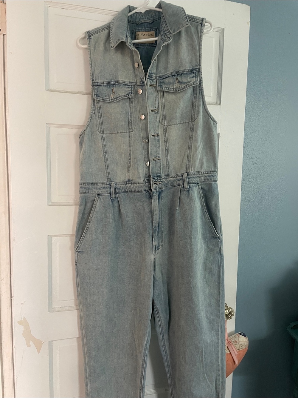 We The Free Light Blue Denim Sleeveless Jumpsuit Overalls